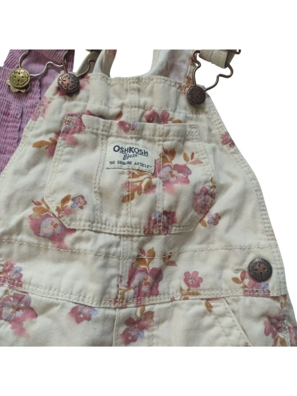 OshKosh B'Gosh Girls Overalls 2T Set of 2 Floral Purple Heavy Duty Play Coverall